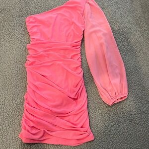 One Shoulder Ruched Pink Dress